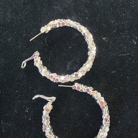 Silver Sequin Hoop Earrings - Women's Fashion Jewelry - Picture 3 of 5